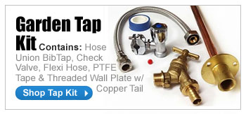 GARDEN TAP KIT - Contains: Hose Union BibTap, Check Valve, Flexi Hose, PTFE Tape & Threaded Wall Plate w/ Copper Tail